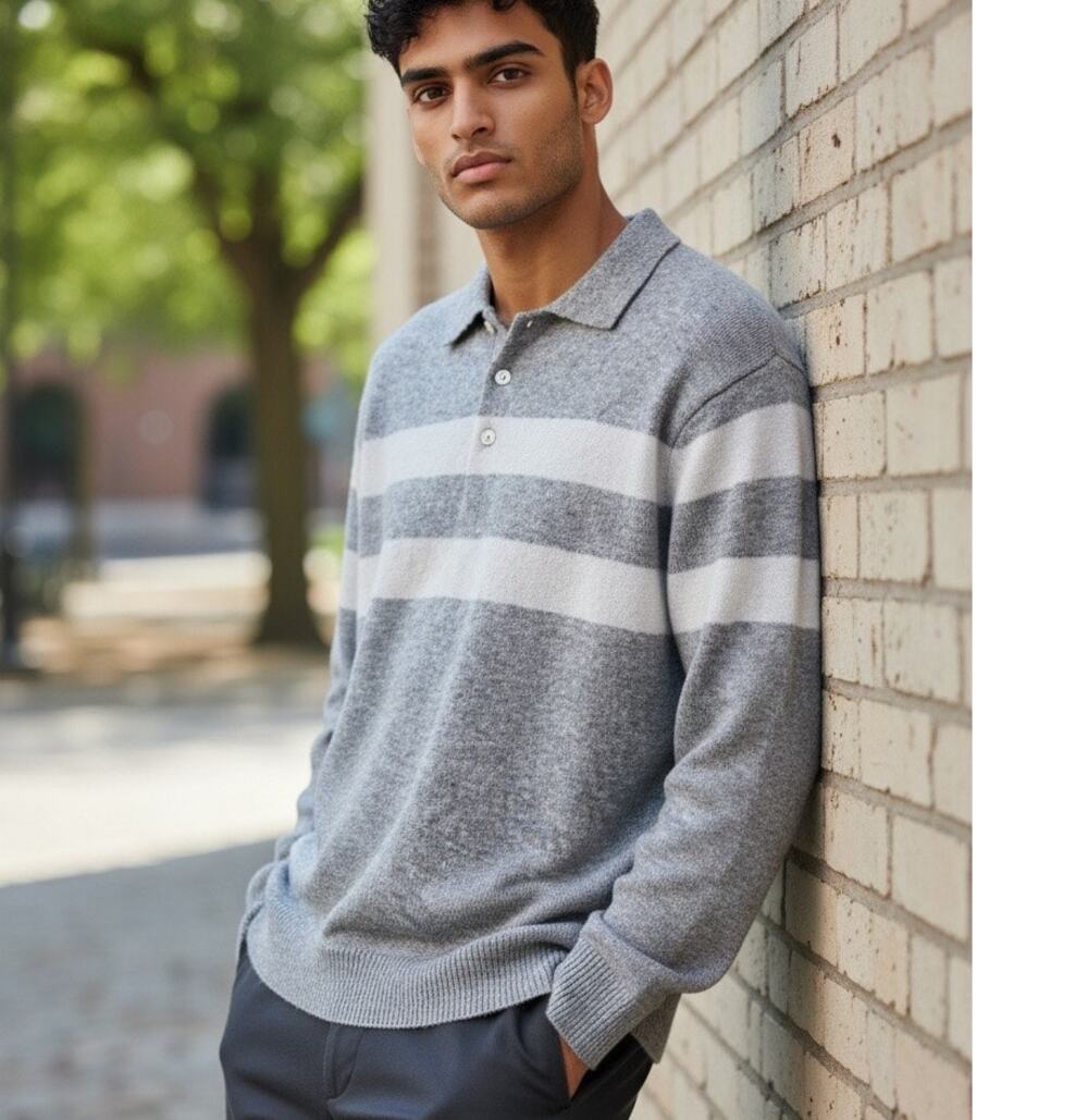 American Eagle Sweater Gray Cream Striped Polo SZ Med Tall Preppy Y2K Mens